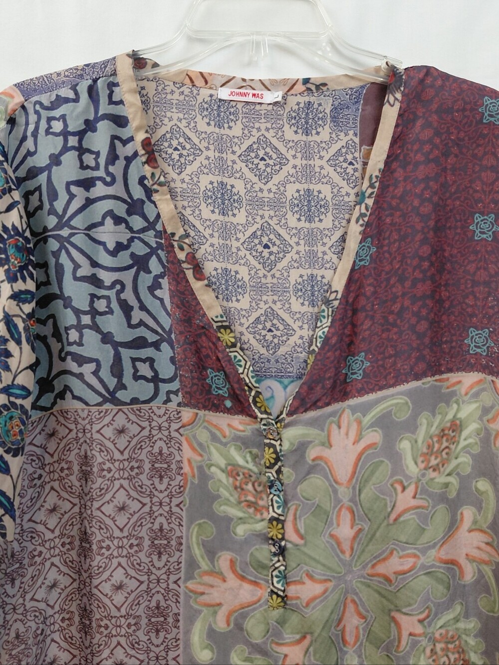 Johnny Was 100% Silk Tunic Blouse Women's Size Large Patchwork 90s - Picture 7 of 9